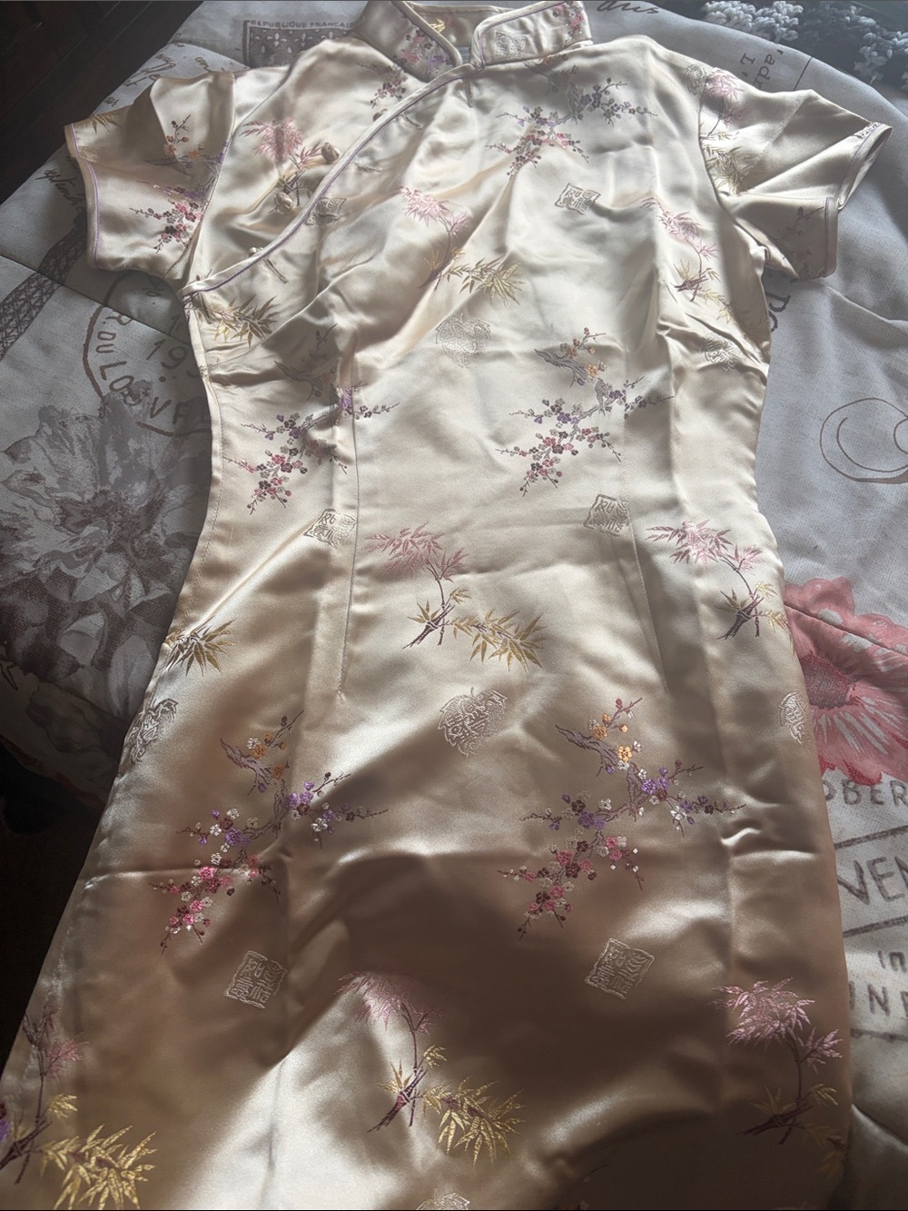 Elegant Cream Satin Floral Cheongsam Dress